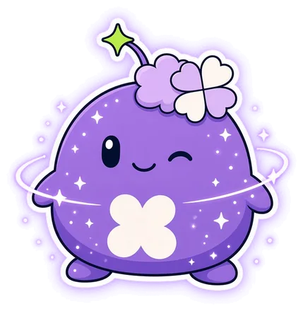 luckanoo: a purple starry gambomon with a clover on its head, winking.