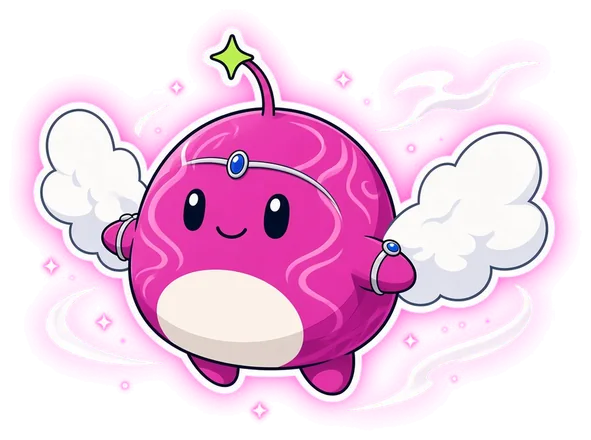 wagerwing: a pink swirl gambomon with white cloud wings and a jewelled tiara.