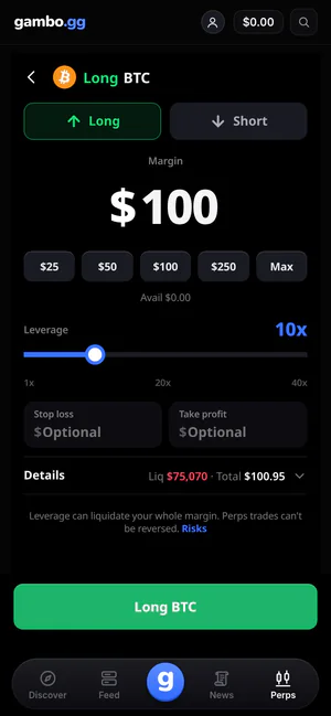 gambo perps order ticket: margin presets, a leverage slider at 10x, stop loss and take profit
