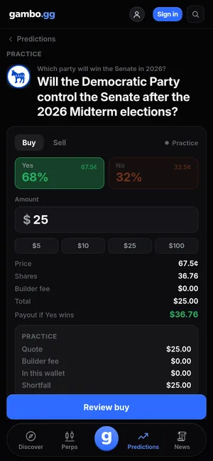 gambo Predictions on a phone: the Democratic Party Senate market, Yes 68% and No 32%, a $25 amount with price, shares and payout, and the Review buy button